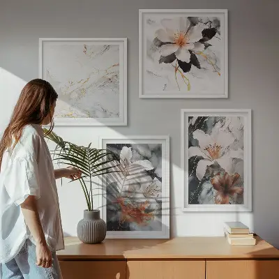 Set posters met lijst bloemen in wit, zwart en marmer