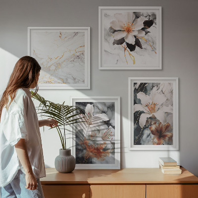 Set van posters met lijst Bloemen marmer wit zwart