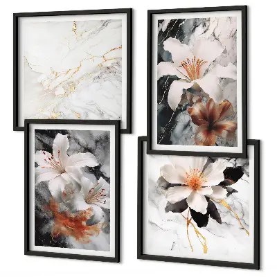 Set posters met lijst bloemen in wit, zwart en marmer