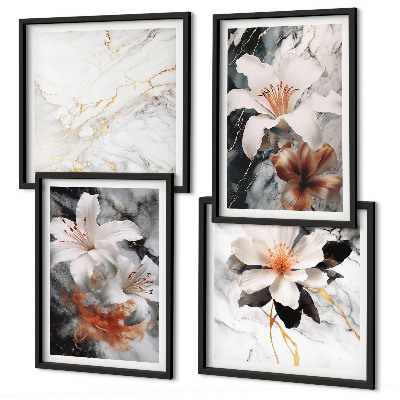 Set van posters met lijst Bloemen marmer wit zwart