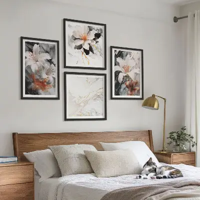 Set posters met lijst bloemen in wit, zwart en marmer
