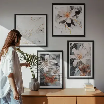 Set posters met lijst bloemen in wit, zwart en marmer