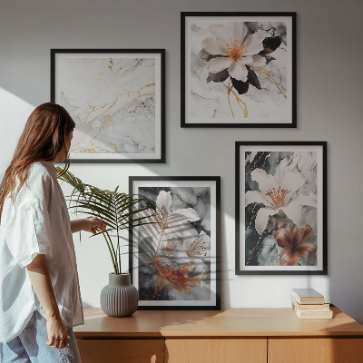 Set van posters met lijst Bloemen marmer wit zwart