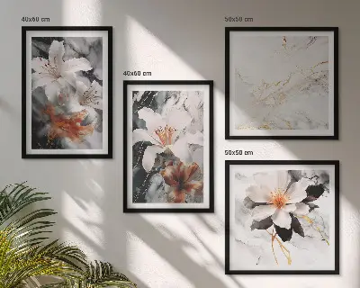 Set posters met lijst bloemen in wit, zwart en marmer