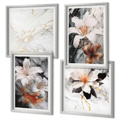 Set posters met lijst bloemen in wit, zwart en marmer