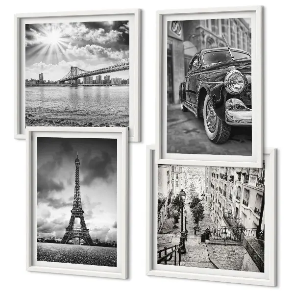 Set van posters met lijst stadsgezichten met bruggen, de Eiffeltoren en auto's