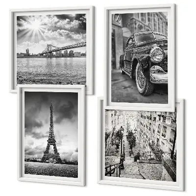 Set van posters met lijst Stadsgezichten, bruggen, Eiffeltoren, auto
