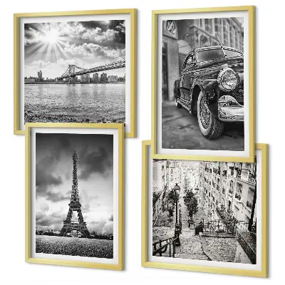 Set van posters met lijst stadsgezichten met bruggen, de Eiffeltoren en auto's