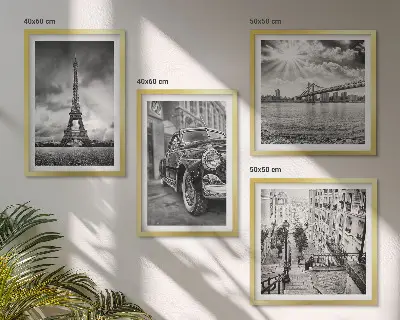 Set van posters met lijst stadsgezichten met bruggen, de Eiffeltoren en auto's