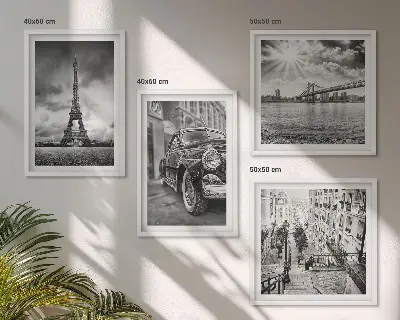 Set van posters met lijst stadsgezichten met bruggen, de Eiffeltoren en auto's