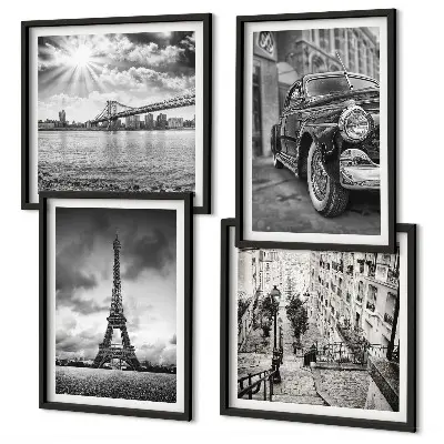 Set van posters met lijst stadsgezichten met bruggen, de Eiffeltoren en auto's