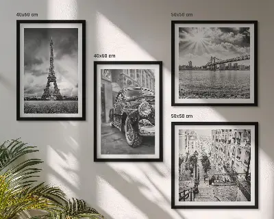 Set van posters met lijst stadsgezichten met bruggen, de Eiffeltoren en auto's