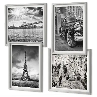 Set van posters met lijst stadsgezichten met bruggen, de Eiffeltoren en auto's