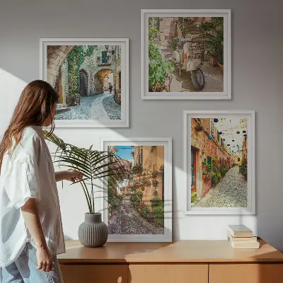 Charmante Italiaanse straatjes en bloemen meerluik in lijst