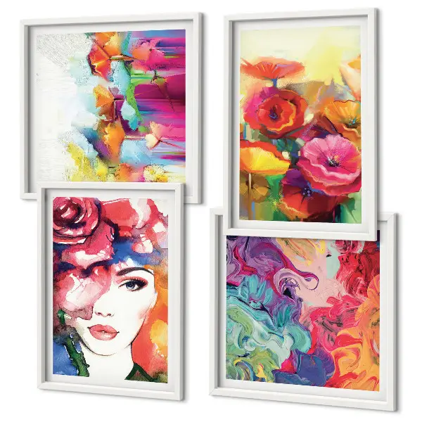 Set van posters met lijst bloemen met intense kleuren in portretstand