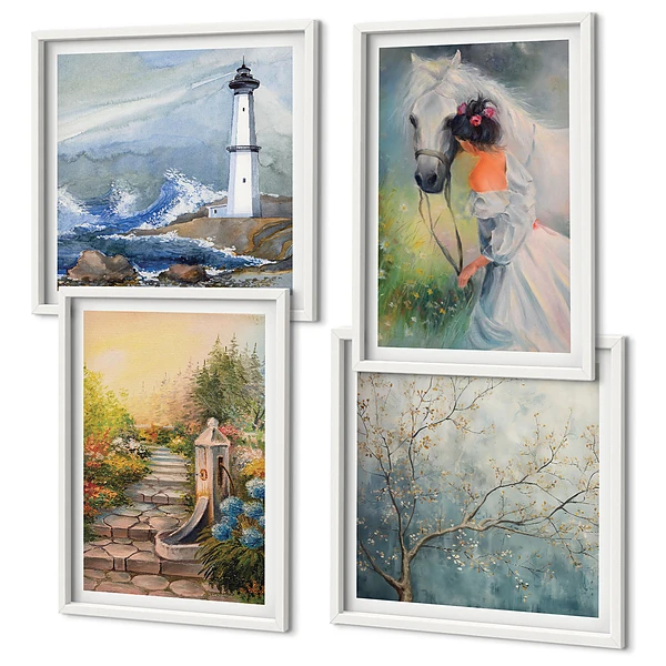 Set van posters met lijst met een afbeelding van een vuurtoren, landschap, meisje en paard