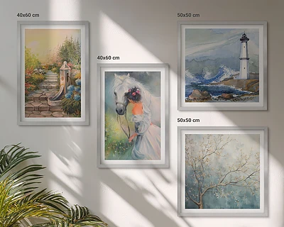 Set van posters met lijst met een afbeelding van een vuurtoren, landschap, meisje en paard