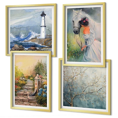 Set van posters met lijst met een afbeelding van een vuurtoren, landschap, meisje en paard
