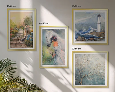 Set van posters met lijst met een afbeelding van een vuurtoren, landschap, meisje en paard