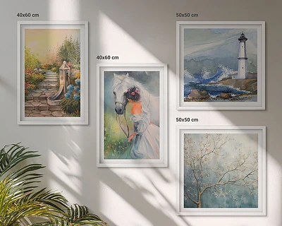 Set van posters met lijst met een afbeelding van een vuurtoren, landschap, meisje en paard