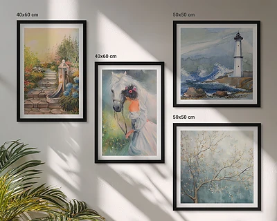 Set van posters met lijst met een afbeelding van een vuurtoren, landschap, meisje en paard