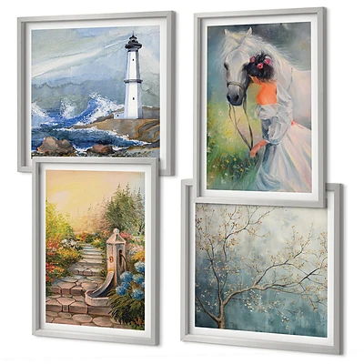 Set van posters met lijst met een afbeelding van een vuurtoren, landschap, meisje en paard