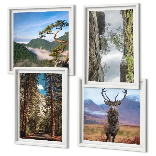 Set van posters met lijst natuurlandschap met bos bergen weg en herten