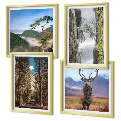 Set van posters met lijst natuurlandschap met bos bergen weg en herten