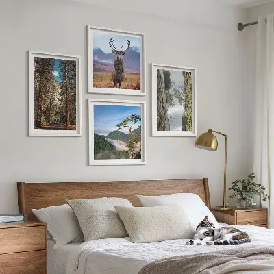 Set van posters met lijst natuurlandschap met bos bergen weg en herten