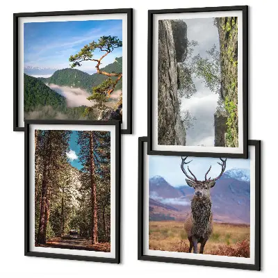 Set van posters met lijst natuurlandschap met bos bergen weg en herten