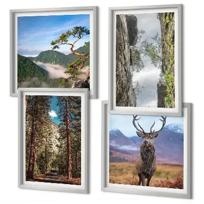 Set van posters met lijst natuurlandschap met bos bergen weg en herten