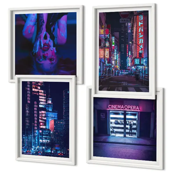 Nachtelijke stad met neonlichten set van posters met lijst