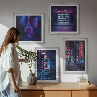 Nachtelijke stad met neonlichten set van posters met lijst