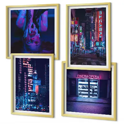 Nachtelijke stad met neonlichten set van posters met lijst