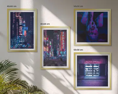 Nachtelijke stad met neonlichten set van posters met lijst
