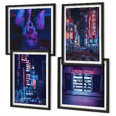 Nachtelijke stad met neonlichten set van posters met lijst