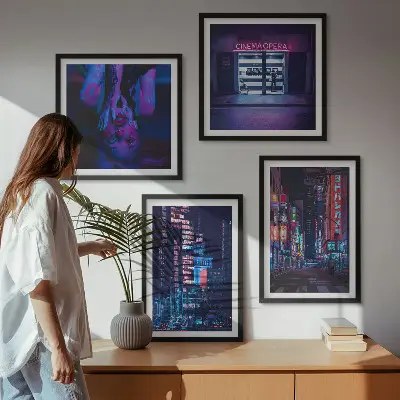 Nachtelijke stad met neonlichten set van posters met lijst