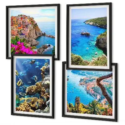 Posterset met lijst uitzicht op zee met kleurrijke huizen