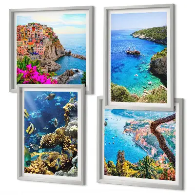 Posterset met lijst uitzicht op zee met kleurrijke huizen