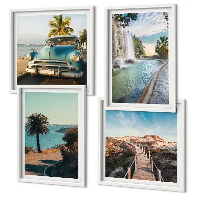 Set van posters met lijst Vakantie met palmbomen en een waterval