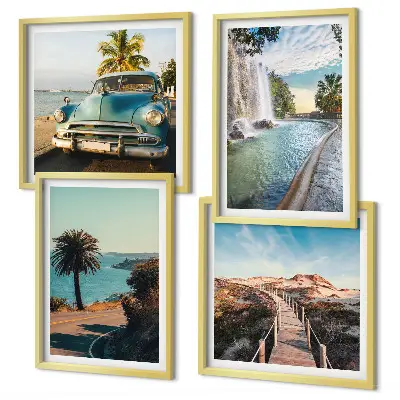 Set van posters met lijst Vakantie met palmbomen en een waterval