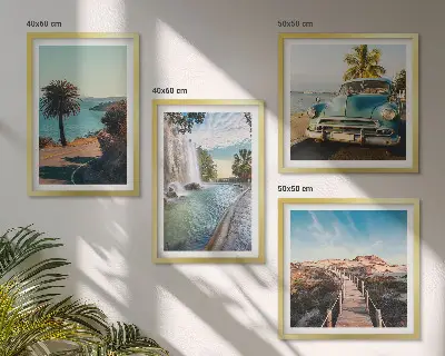 Set van posters met lijst Vakantie met palmbomen en een waterval