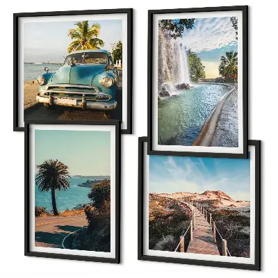 Set van posters met lijst Vakantie met palmbomen en een waterval