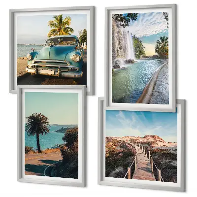 Set van posters met lijst Vakantie met palmbomen en een waterval