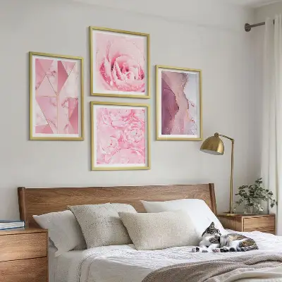Roze geometrische pioenrozen meerluik in lijst