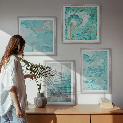 Abstracte patronen in verschillende blauwtinten meerluik in lijst