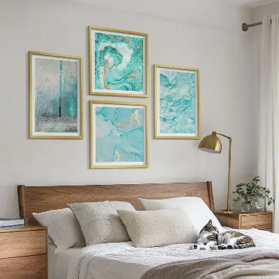 Abstracte patronen in verschillende blauwtinten meerluik in lijst