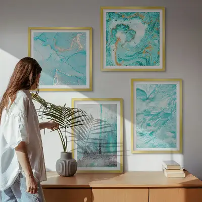 Abstracte patronen in verschillende blauwtinten meerluik in lijst