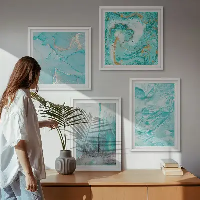 Abstracte patronen in verschillende blauwtinten meerluik in lijst