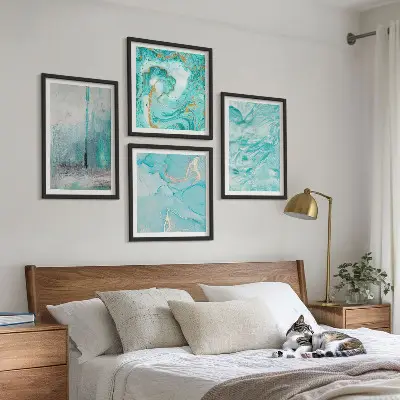 Abstracte patronen in verschillende blauwtinten meerluik in lijst